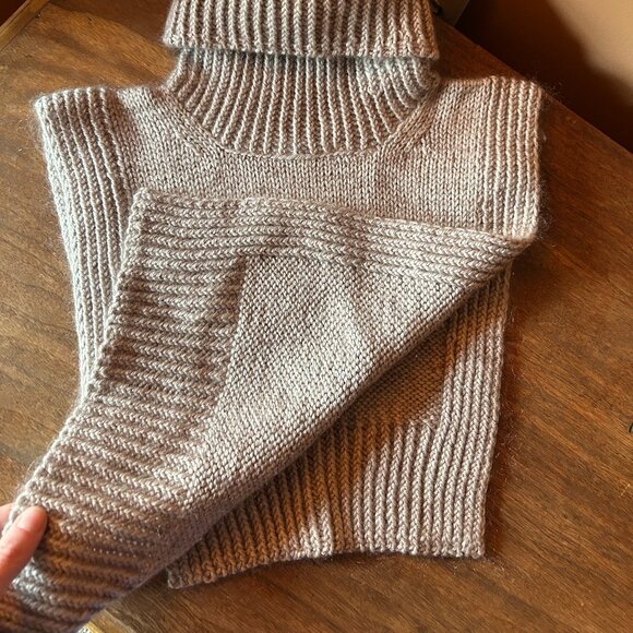 Hand knit neck warmer cowl, turtleneck collar, beige wool mohair blend - Picture 3 of 4